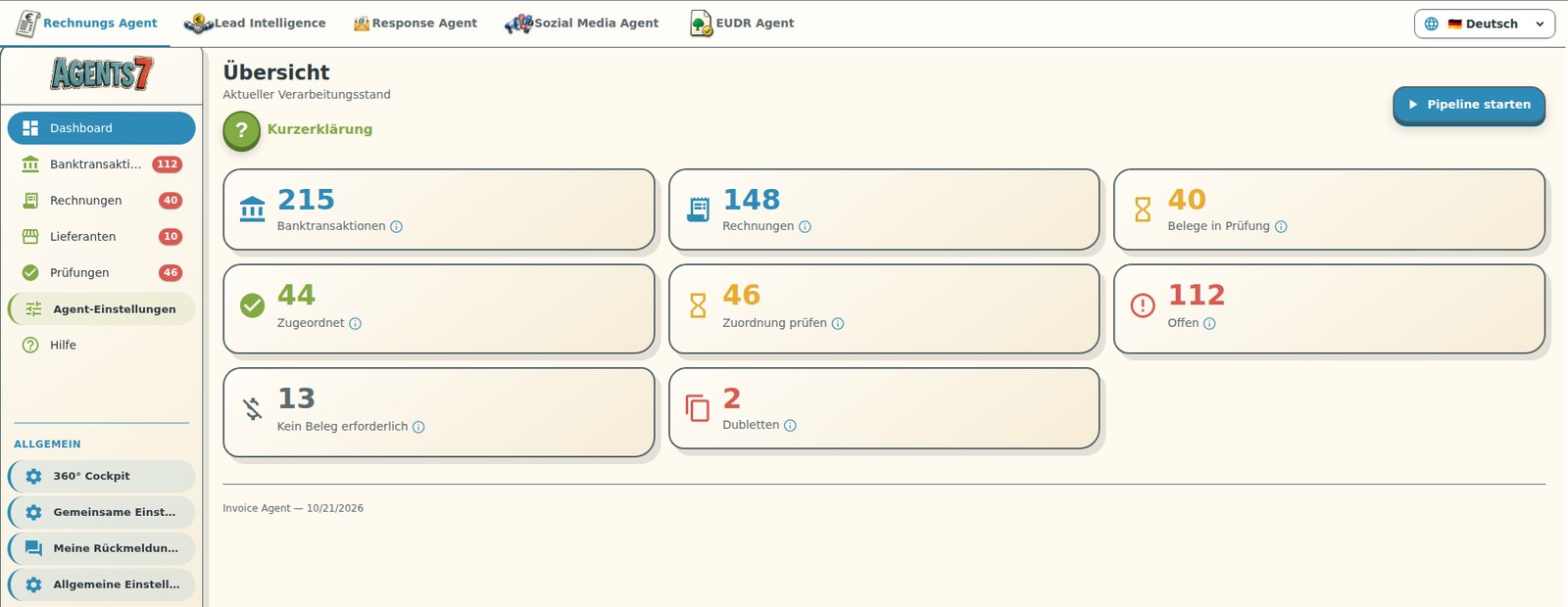 Invoice agent overview: tiles showing 215 bank transactions, 148 invoices, 44 matched receipts, 46 matches to review and 112 open items; on the left the navigation with bank transactions, invoices, suppliers and reviews.