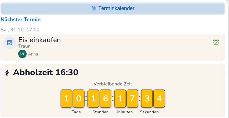 Daily overview in Komiona: the next appointment “buying ice cream” in Traun with Anna accompanying, below it the pick-up time 16:30 with a countdown in days, hours, minutes and seconds.